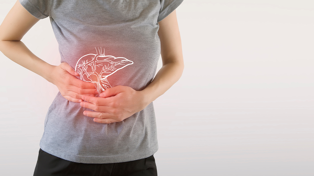 Rendering of woman suffering from fatty liver complications